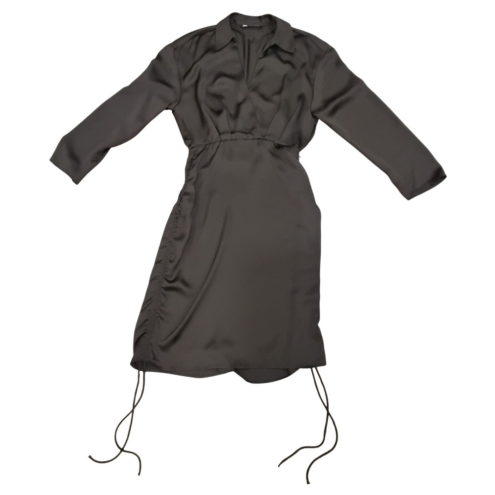 Zara Women's Black Long Sleeve Mini Dressโ Collared Ruched Drawstring Detail